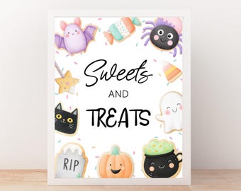 Halloween Sweets and Treats Sign, Cute Pastel Cookie Candy Table Printable, Spooky Cute Dessert Table Decor HBP12