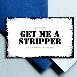 Plantilla editable para tarjeta de propuesta de padrino y padrino, tema "Consígueme una stripper", tarjeta de propuesta personalizable para padrinos.