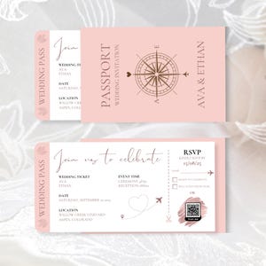 May include: Pink and white wedding invitation with a passport theme. The invitation features a compass and the text "Join us to celebrate" and "Wedding Passport".