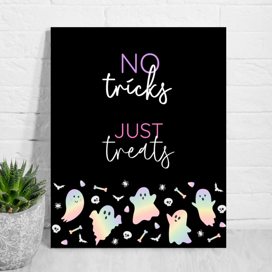 No Tricks Just Treats Sign, Pastel Halloween Ghost Printable, Cute ...
