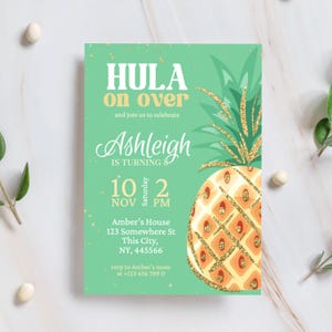 Tropical Luau Birthday Invitation - Hula Party Invite for Girls - Glitter Pineapple Editable Template - Summer Pool Party Digital Download