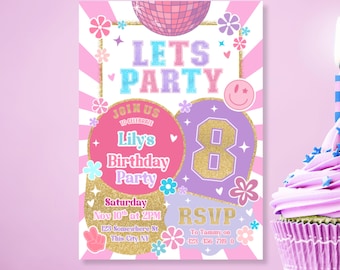 Groovy Disco Party invitation, 70's retro hippie smiley daisies, Pink girl disco dance party groovy invite, Disco Ball, 8th Birthday Invite