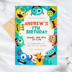 Bunte lustige Monster-Geburtstagseinladung, bearbeitbare Kinderpartyvorlage, druckbare Geburtstagseinladung