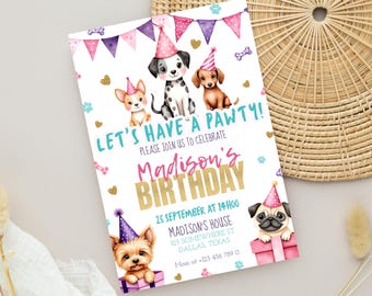 Editable Pink Puppy Birthday Invitation, Dog Party Invite for Girls, Printable Birthday Template