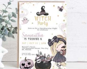 May include: A Witch Party invitation with a cartoon witch illustration. The invitation includes the text "Witch Party", "Samantha is turning 6", and event details. The design features a witch hat, bat, and cauldron.