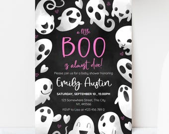 Editable Halloween Baby Shower Invitation, A Little Boo Is Almost Due, Ghost Girl Baby Shower Invite, Pink and Black Template HBS1