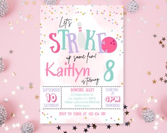 Editable Bowling Birthday Invitation, Let&#39;s Strike Up Some Fun, Girls Bowling Party, Printable Template
