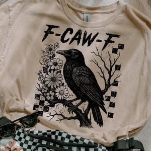 Crow Raven PNG, F-CAW-F Funny Halloween png, Dark Bird Sublimation Design, Gothic Floral Checkered PNG, Spooky Grunge Digital Download