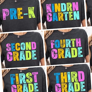 Preppy Back to School Floral Bundle PNG, First Day of School Designs, Kindergarten to Third Grade, Retro Teacher Shirt Neon Sublimation