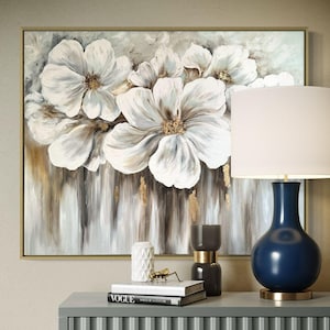 Abstract White Flowers Oil Painting: Gold Leaf Floral Wall Art