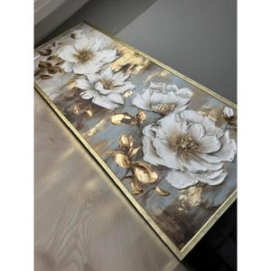 Horizontal Floral Wall Art, White and Gold Flower Painting, Textured Canvas Artwork, Modern Elegant Home Decor, Large Botanical Design