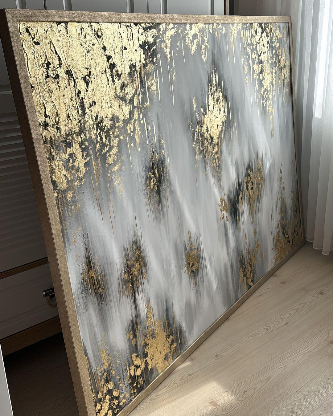 金箔アクセントの抽象画 大型モダン現代アート作品 キャンバスアート約150cm 金箔の抽象画：大型モダンキャンバスウォールアート - Etsy 日本