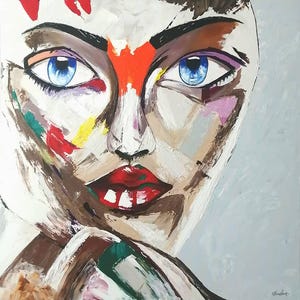 Colorful Woman Face Painting, Abstract Female Portrait, Modern Textured Canvas Wall Art