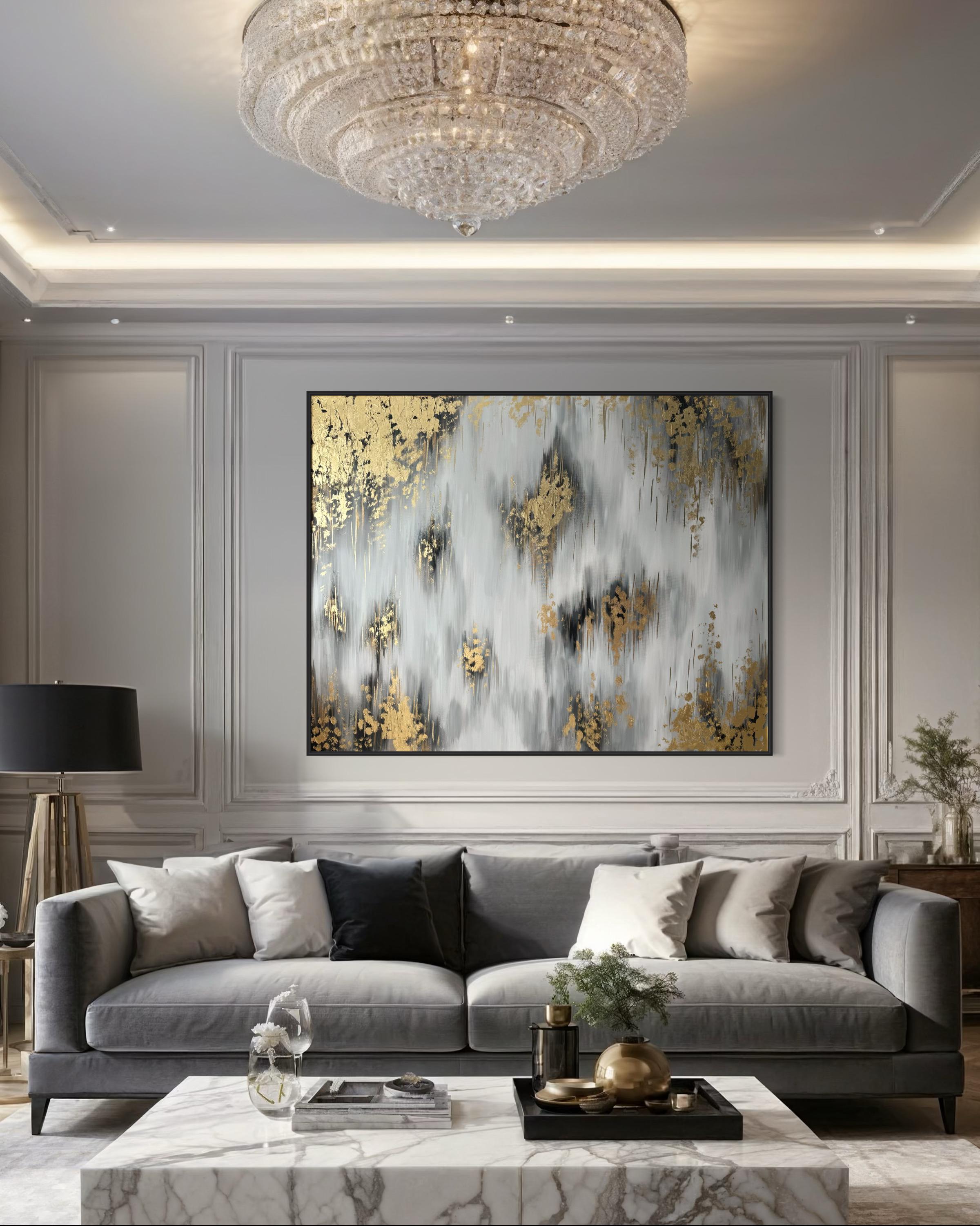 金箔アクセントの抽象画 大型モダン現代アート作品 キャンバスアート約150cm 金箔の抽象画：大型モダンキャンバスウォールアート - Etsy 日本