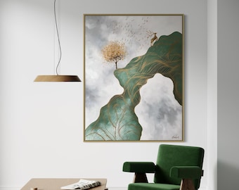 Abstract Deer Oil Painting: Green & Gold Mountain Landscape Art