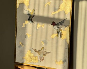 ザクセン王の鳥油絵オリジナルクラフトハンドメイド：金箔額入りアート