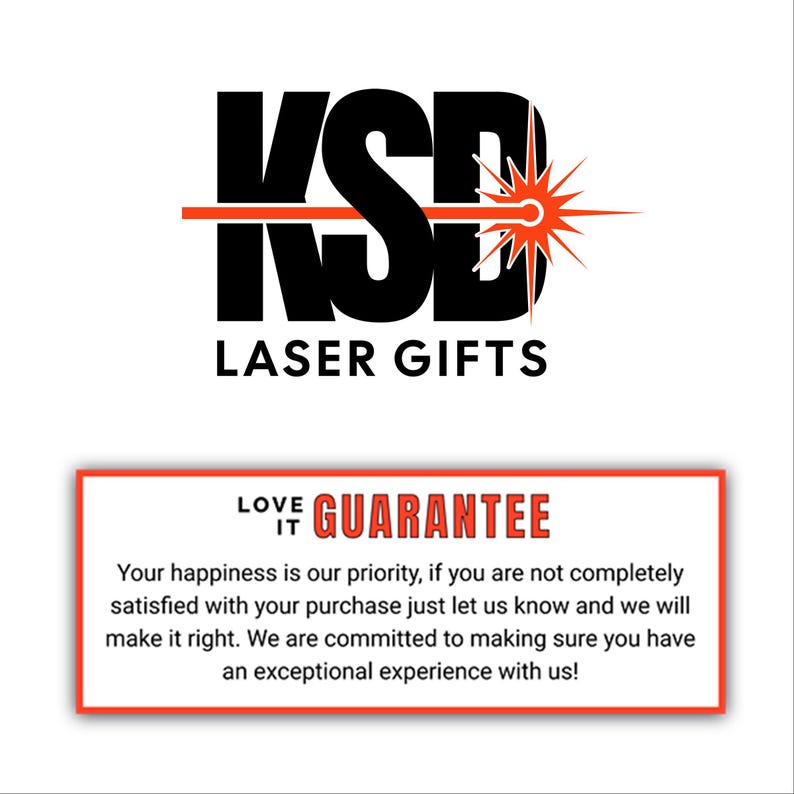 K&ouml;nnte beinhalten: Das Bild zeigt das schwarz-orange Logo von KSD Laser Gifts mit dem Text "LASER GIFTS" darunter. Ein rotes Rechteck enth&auml;lt die Worte "LOVE IT GUARANTEE" und eine Kundenzufriedenheitserkl&auml;rung.