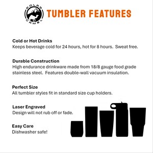 K&ouml;nnte beinhalten: Wei&szlig;er Hintergrund mit dem Text "TUMBLER FEATURES" in Orange. Zu den Merkmalen geh&ouml;ren kalte oder hei&szlig;e Getr&auml;nke, eine robuste Konstruktion, die perfekte Gr&ouml;&szlig;e, ein lasergraviertes Design und einfache Pflege. Silhouetten von Bechern.