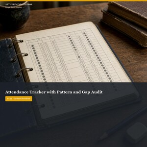 May include: A ring-bound planner featuring an attendance tracker with a pattern and gap audit grid. The page displays columns of empty and filled circles for tracking purposes. The text AETHER MIND STUDIOS and Attendance Tracker with Pattern and Gap Audit are visible.