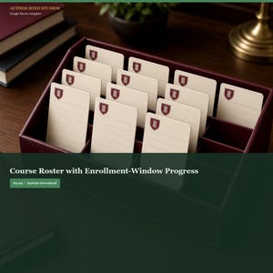 May include: A dark burgundy leather desk organizer containing multiple cream-colored rectangular cards. Each card features horizontal lines and a small red shield emblem with a white pillar icon. The text AETHER MIND STUDIOS and Course Roster with Enrollment-Window Progress are visible.