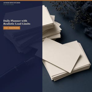 May include: A digital product advertisement for Aether Mind Studios featuring a Google Sheets template titled Daily Planner with Realistic Load Limits. The graphic displays stacks of blank cream-colored rectangular cards and a fountain pen.