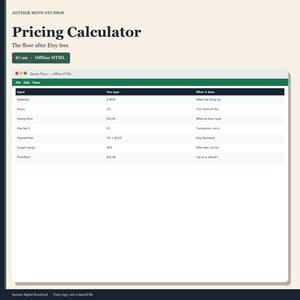 May include: A digital pricing calculator interface titled Aether Mind Studios Pricing Calculator. The screen displays a table with columns for input, values, and descriptions, including fields for materials, hours, hourly floor, Etsy fee, payment fee, target margin, and price floor.