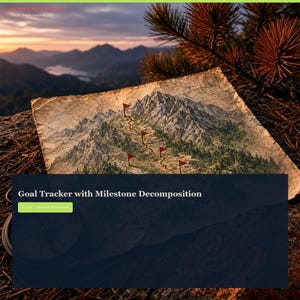 May include: A digital template titled Goal Tracker with Milestone Decomposition featuring a map illustration with red flag markers on a mountain path, displayed on a dark background with text overlays and a compass graphic in the corner.