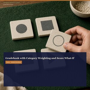 May include: A set of square, speckled beige tiles featuring dark gray geometric shapes including a solid circle, a solid square, an outlined circle, and a play button icon. The text reads Gradebook with Category Weighting and Score What-If.