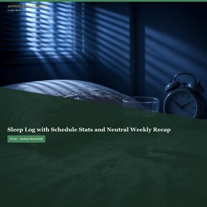 Op de afbeelding: Een digitaal sjabloon Sleep Log with Schedule Stats and Neutral Weekly Recap van Aether Mind Studios. De tekst wordt weergegeven over een donkere slaapkamerscène met een kussen, een helder glas water en een ronde analoge wekker.