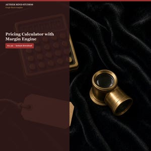 May include: A brass-colored magnifying loupe with a cylindrical body and a circular lens, positioned next to a calculator and a blank tag. The text AETHER MIND STUDIOS and Pricing Calculator with Margin Engine are visible on the left side.