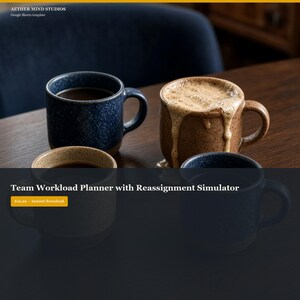 May include: Four ceramic mugs with speckled finishes in shades of blue and brown. One brown mug features overflowing foam. The text AETHER MIND STUDIOS Google Sheets template and Team Workload Planner with Reassignment Simulator is visible.
