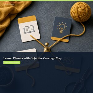 May include: Four rectangular cards with icons of an open book, a lightbulb, a mountain, and three people, arranged around a central brass pin. A mustard yellow yarn ball connects the cards with strands. Text reads: Lesson Planner with Objective Coverage Map.