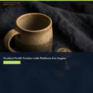 May include: A ceramic mug with a speckled tan and dark brown gradient finish, positioned next to a metallic wax seal stamp and several small coins. The text reads AETHER MIND STUDIOS, Google Sheets template, and Product Profit Tracker with Platform Fee Engine.