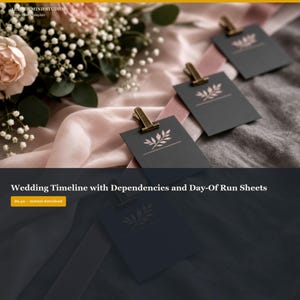 May include: A digital product display featuring the text AETHER MIND STUDIOS Google Sheet Template and Wedding Timeline with Dependencies and Day-Of Run Sheets. Three black square cards with rose gold leaf branch icons are held by gold clips.