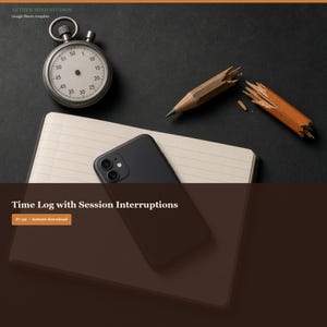 May include: A silver analog stopwatch, a broken wooden pencil, and a black smartphone resting on a lined notebook. The text reads AETHER MIND STUDIOS, Google Sheets template, and Time Log with Session Interruptions.