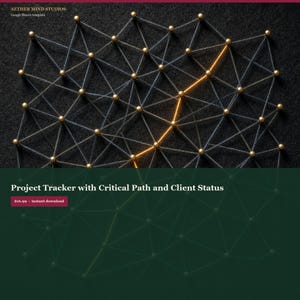 May include: A digital template titled AETHER MIND STUDIOS Google Sheets template Project Tracker with Critical Path and Client Status. The graphic features a network of gold pins connected by dark grey threads, with a single path highlighted in bright orange.