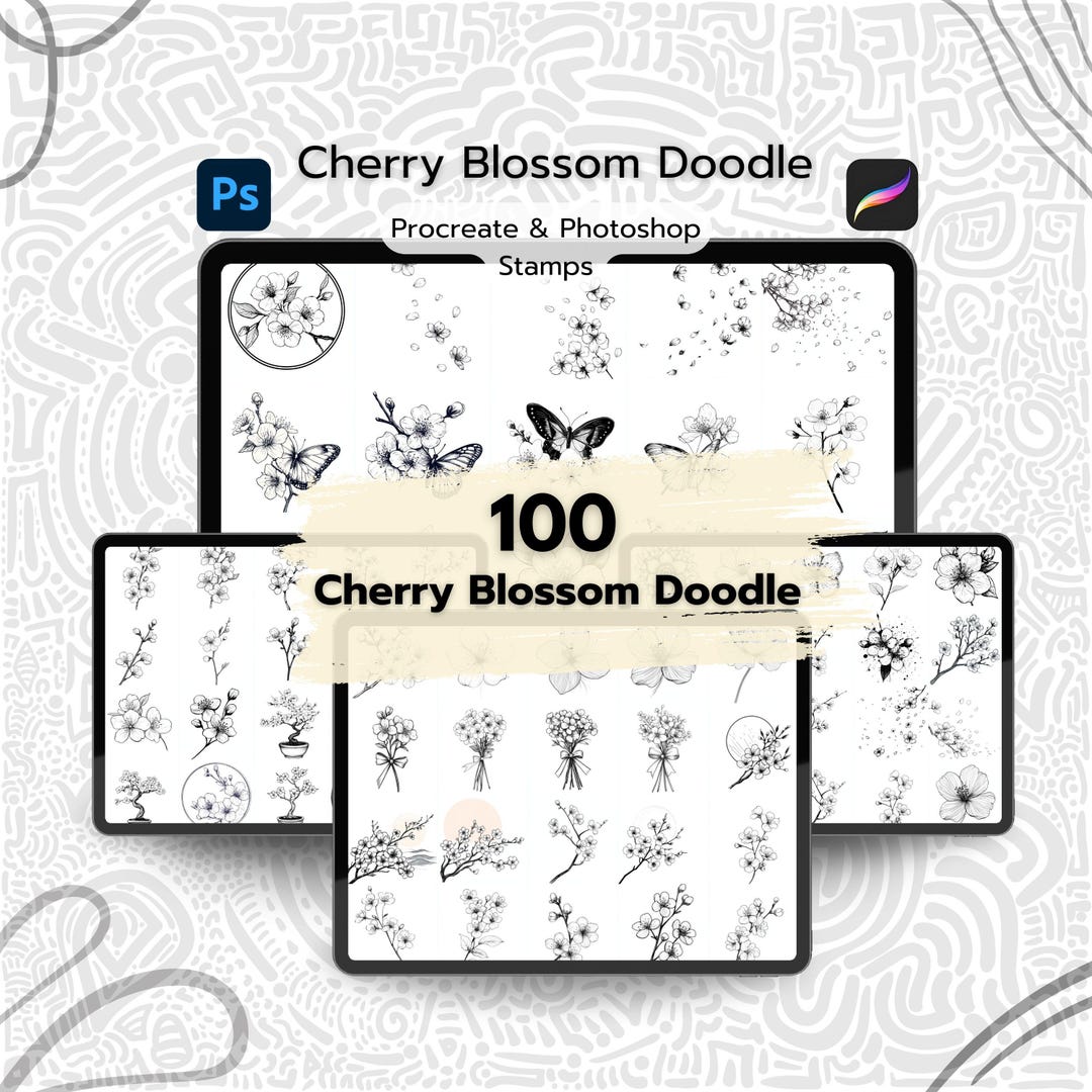100 Cherry Blossom Doodle Procreate Stamps, Procreate Sakura Stamps ...