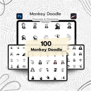 May include: A set of 100 black and white monkey doodle stamps for Procreate and Photoshop. The stamps are displayed on three digital screens with the text "Monkey Doodle" and "100 Monkey Doodle".