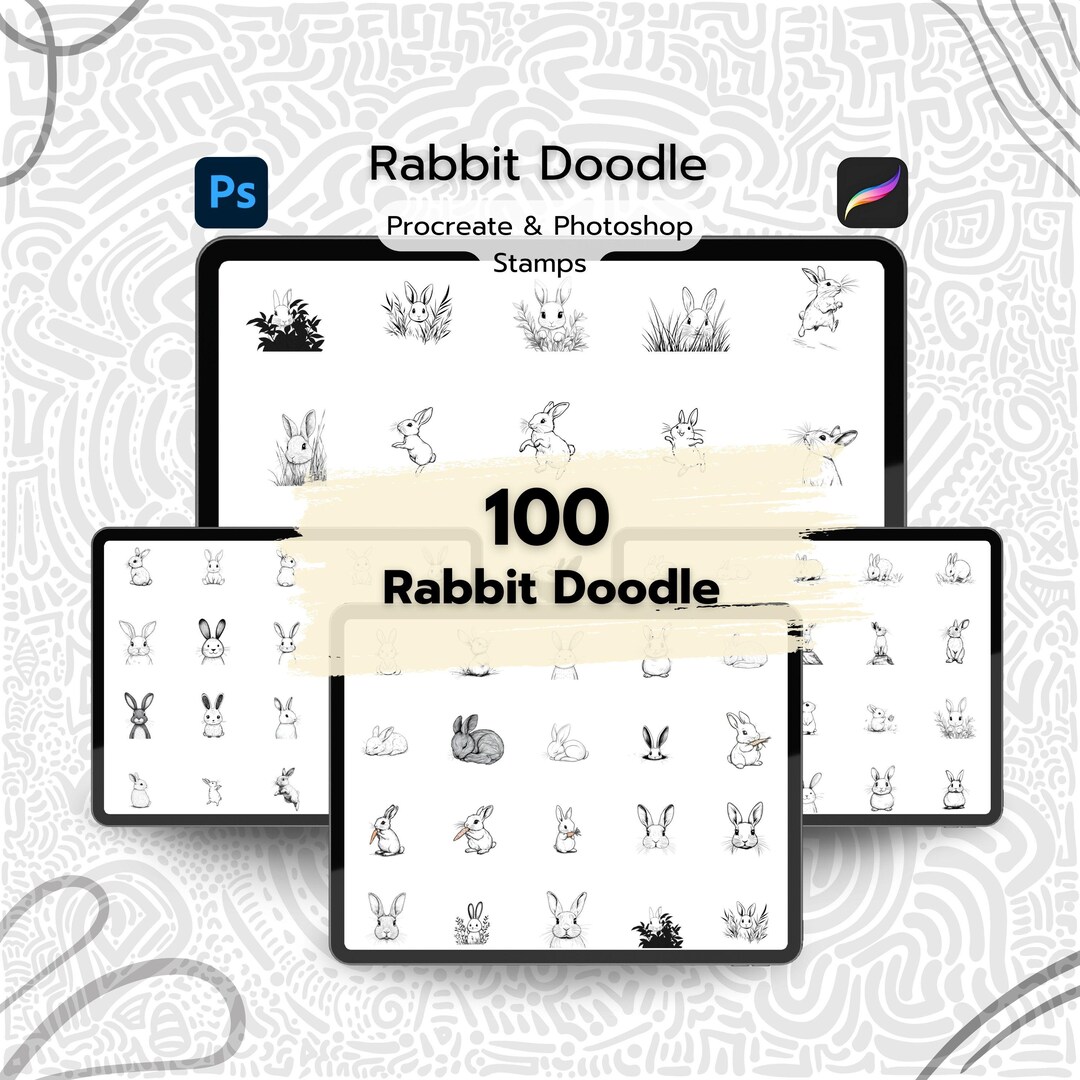 100 Rabbit Doodle Procreate Stamps, Procreate Rabbit Stamps, Photoshop ...