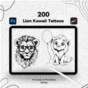 May include: A digital illustration of 200 lion kawaii tattoos for Procreate and Photoshop. The image shows two black and white lion illustrations. One lion is wearing glasses and the other is holding a balloon.