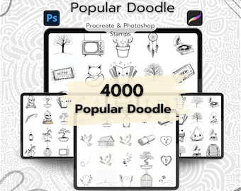 May include: A digital illustration of 4000 popular doodle stamps for Procreate and Photoshop. The image shows a collection of black and white doodles, including a cactus, a TV, a dream catcher, a record player, a cat, a book, a tree, a ticket, a knight, a bonsai tree, a bird, a house, a heart, a key, a cage, and a ghost.