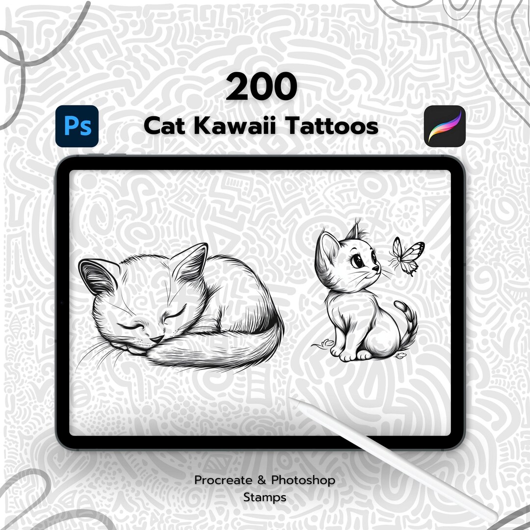 200 Cat Kawaii Tattoo Procreate Stamps, Procreate Cat Stamps, Photoshop ...