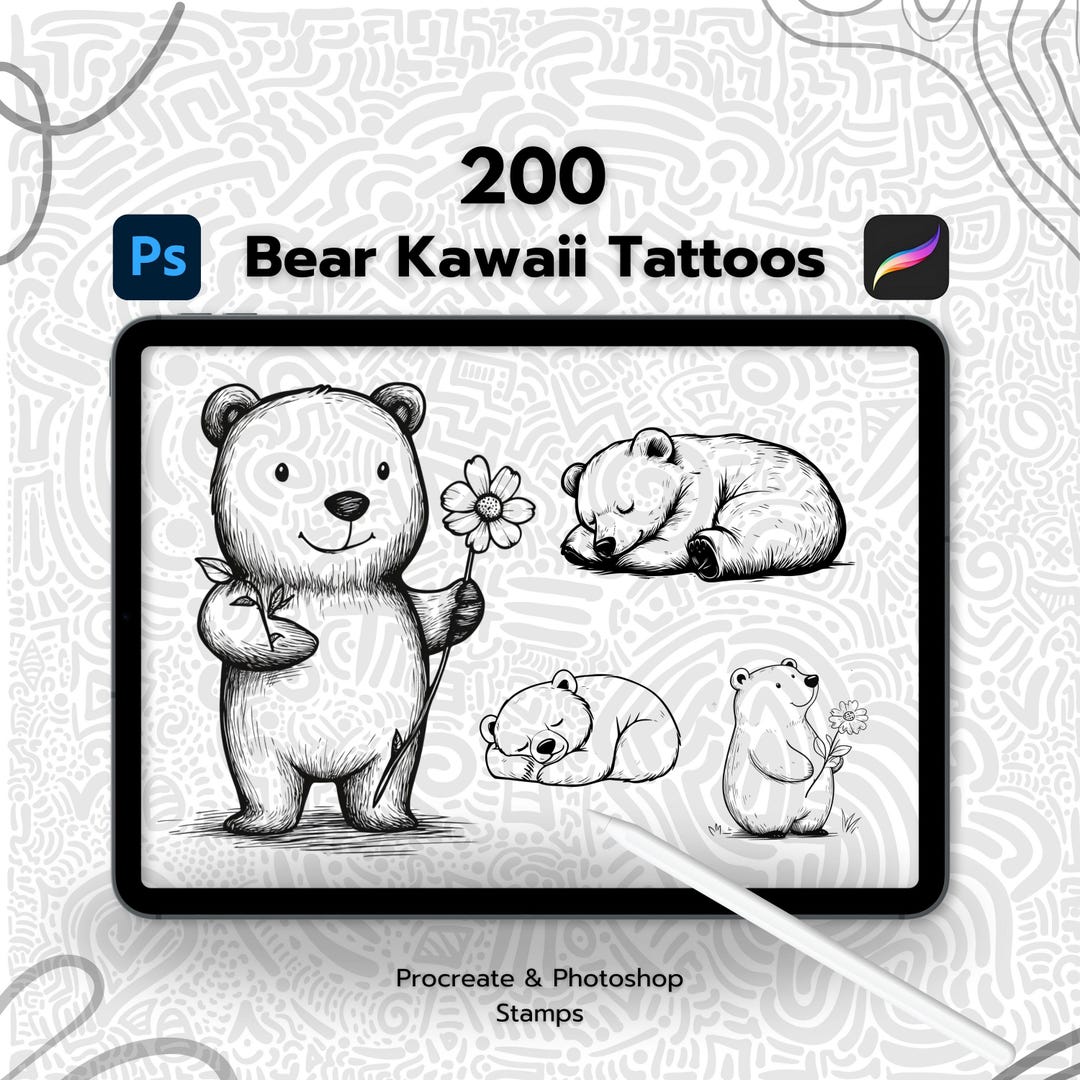 200 Bear Kawaii Tattoo Procreate Stamps, Procreate Bear Stamps ...