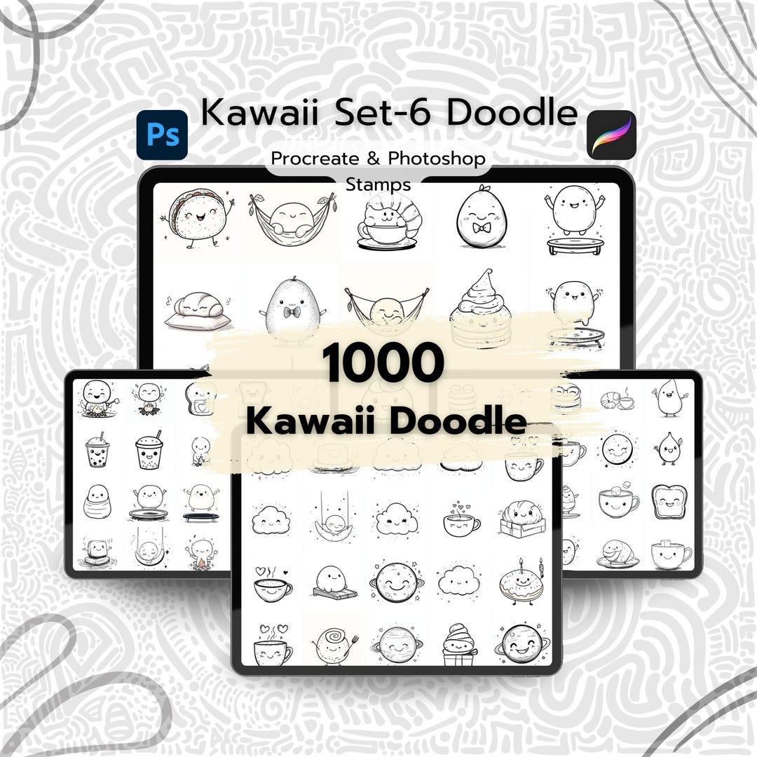 1000 Kawaii Doodle Procreate Stamps Set 6, Procreate & Photoshop Line ...