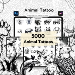 以下が含まれることがあります： ProcreateとPhotoshop用の5000種類の動物タトゥーデザインのデジタルイラスト。画像には、オオカミ、鹿、イルカ、蝶、鳥、犬など、さまざまな動物が描かれています。画像の中央には「5000 Animal Tattoos」というテキストが表示されています。