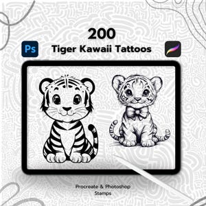 200 Tiger Kawaii Tattoo Procreate Stamps, Procreate Tiger Stamps, Photoshop Tiger Brushes, Tiger Tattoo Brush Set, Kawaii Tiger Doodle