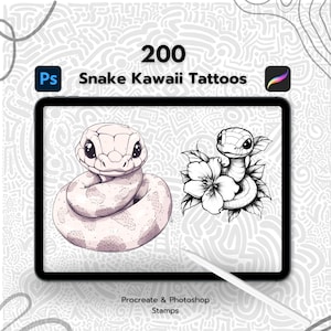 Op de afbeelding: 200 Kawaii Snake Tattoo Stempels voor Procreate en Photoshop. De afbeelding toont twee slangontwerpen, een in zwart-wit en een in roze en wit.