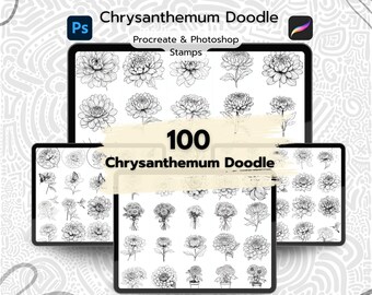 100 Chrysanthemum Doodle Procreate Stamps, Procreate Chrysanthemum Stamps, Photoshop Chrysanthemum Brushes, Chrysanthemum Doodle Brush Set