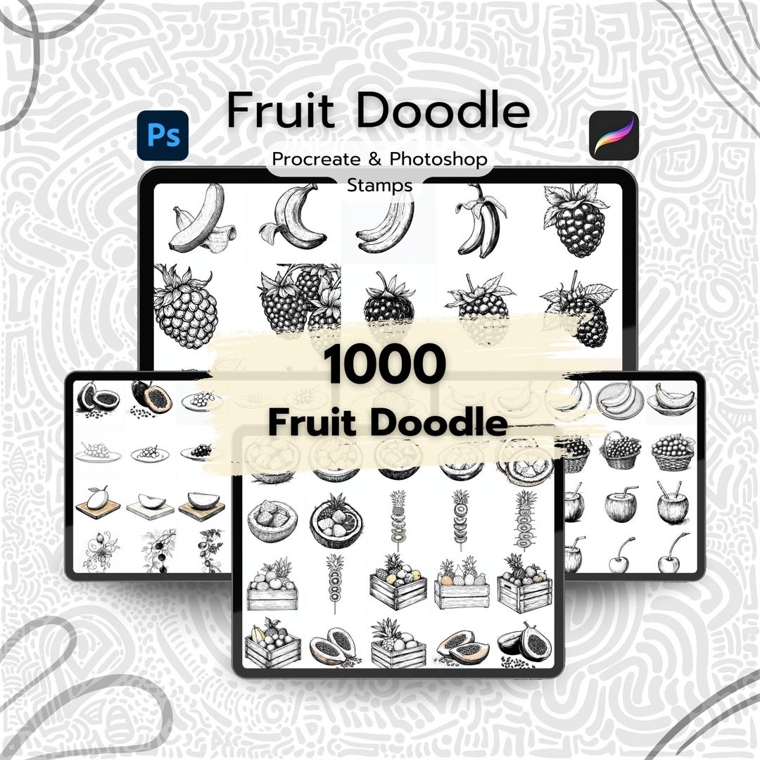 1000 Fruit Doodle Procreate Stamps, Procreate & Photoshop Line Art ...