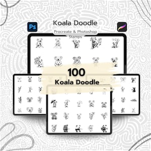 Pode incluir: Um conjunto de 100 carimbos de doodle de coala preto e branco para Procreate e Photoshop. Os carimbos estão dispostos em uma grade em um fundo branco. O texto "100 Koala Doodle" é exibido em uma caixa branca com um contorno preto.